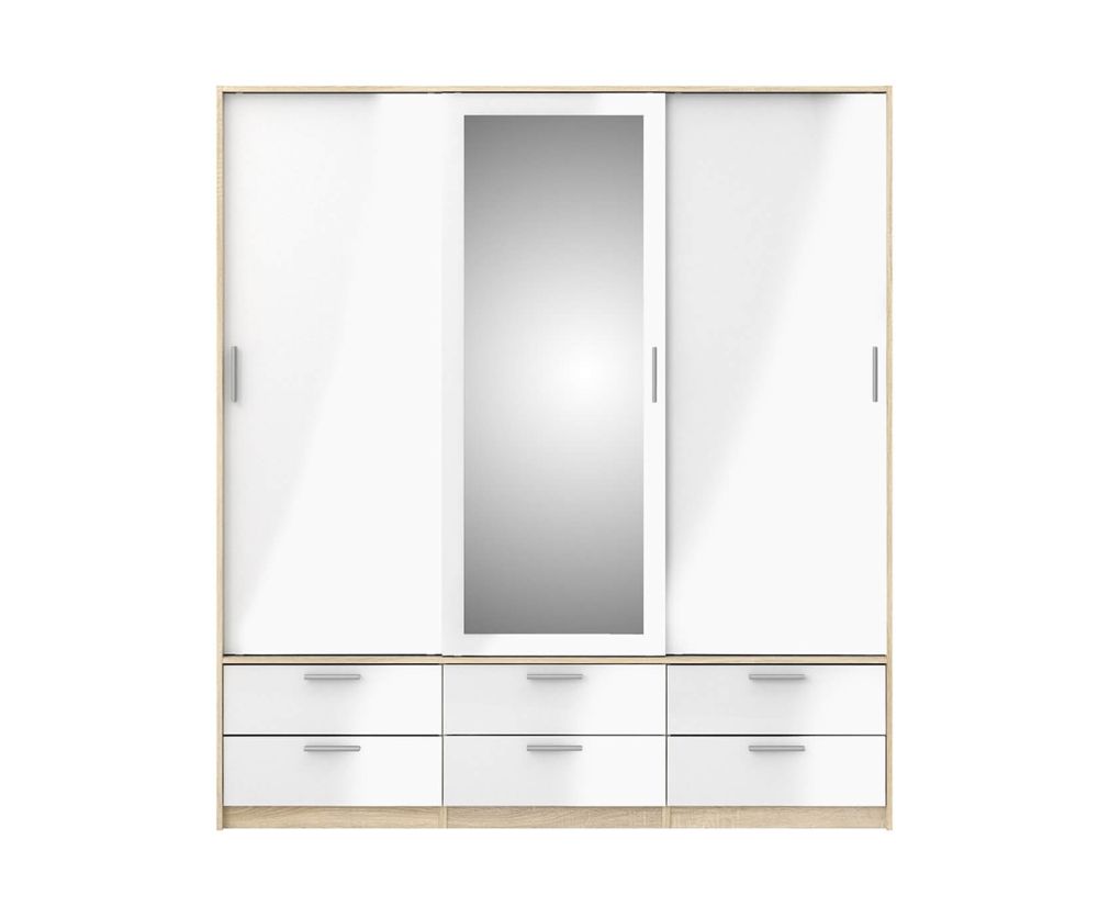 FTG Line Oak and White High Gloss 3 Doors 6 Drawers Wardrobe
