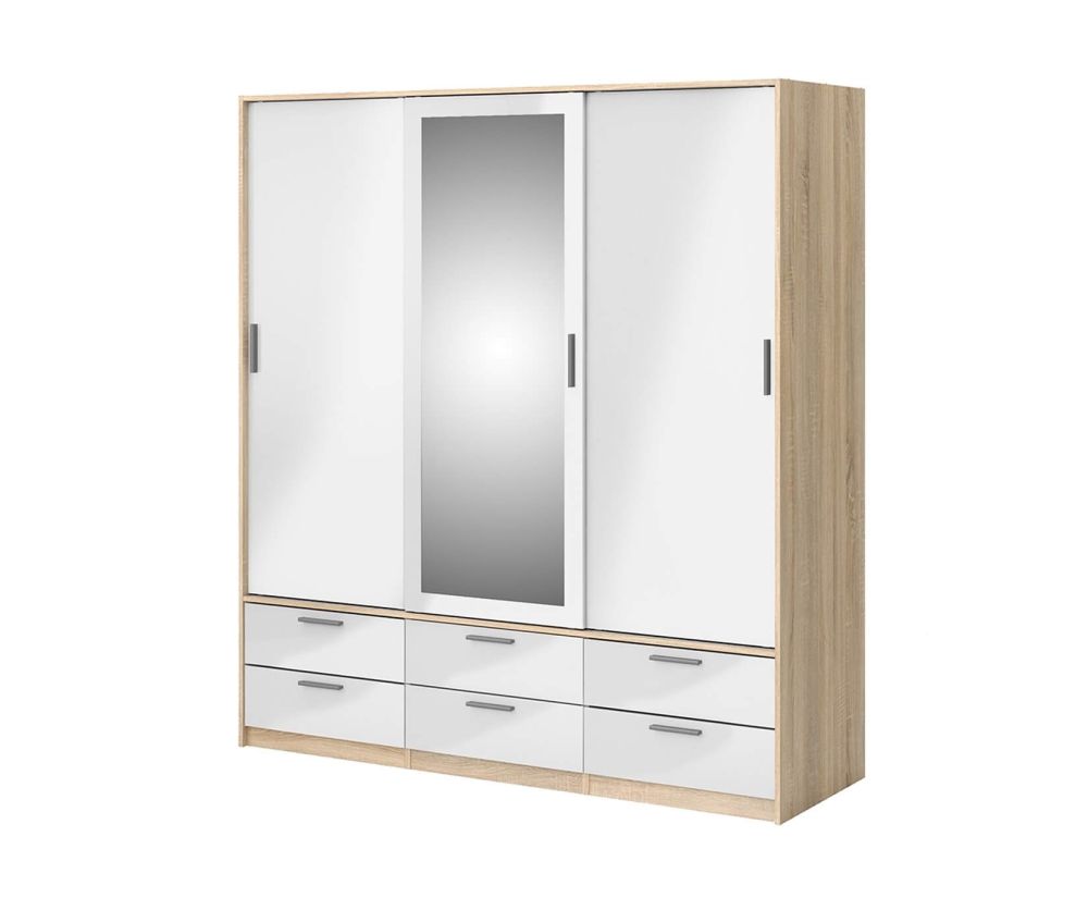FTG Line Oak and White High Gloss 3 Doors 6 Drawers Wardrobe