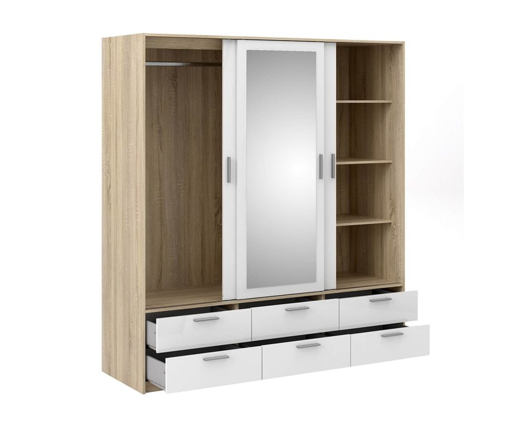 FTG Line Oak and White High Gloss 3 Doors 6 Drawers Wardrobe