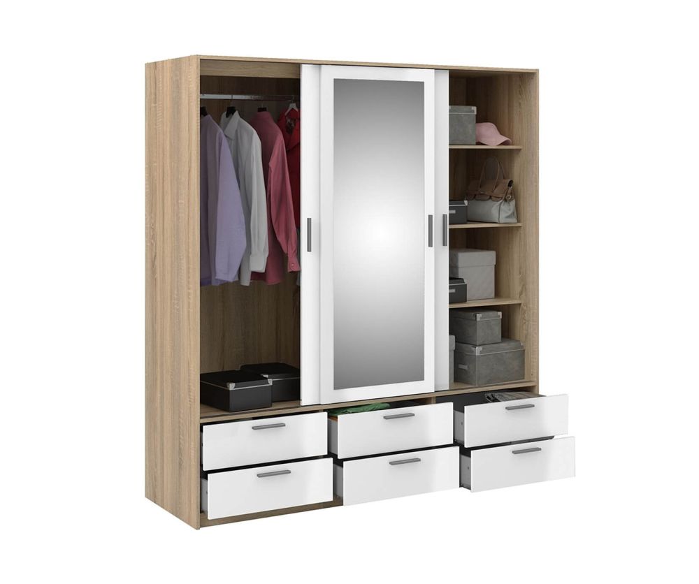 FTG Line Oak and White High Gloss 3 Doors 6 Drawers Wardrobe