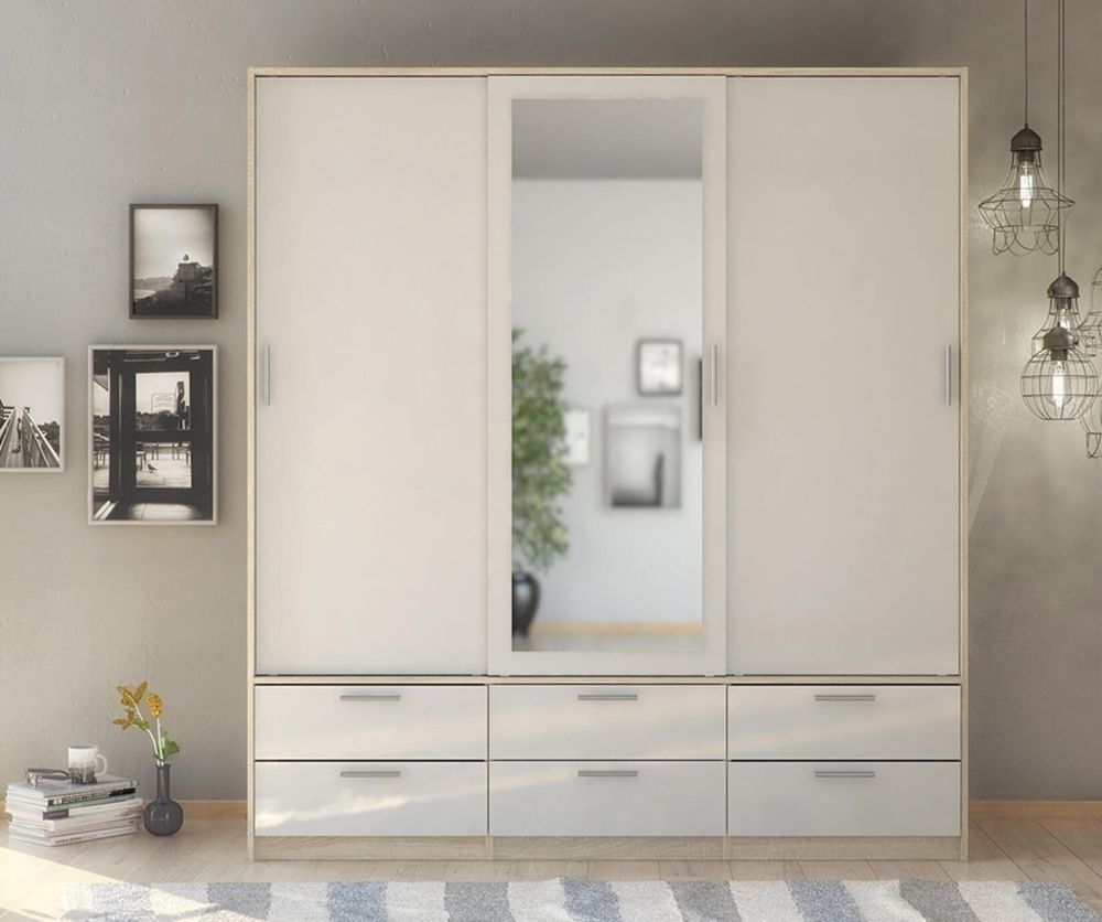 FTG Line Oak and White High Gloss 3 Doors 6 Drawers Wardrobe
