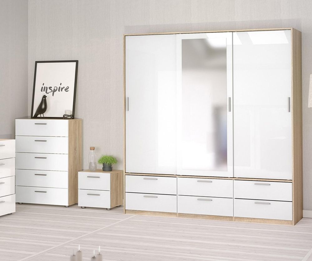 FTG Line Oak and White High Gloss 3 Doors 6 Drawers Wardrobe