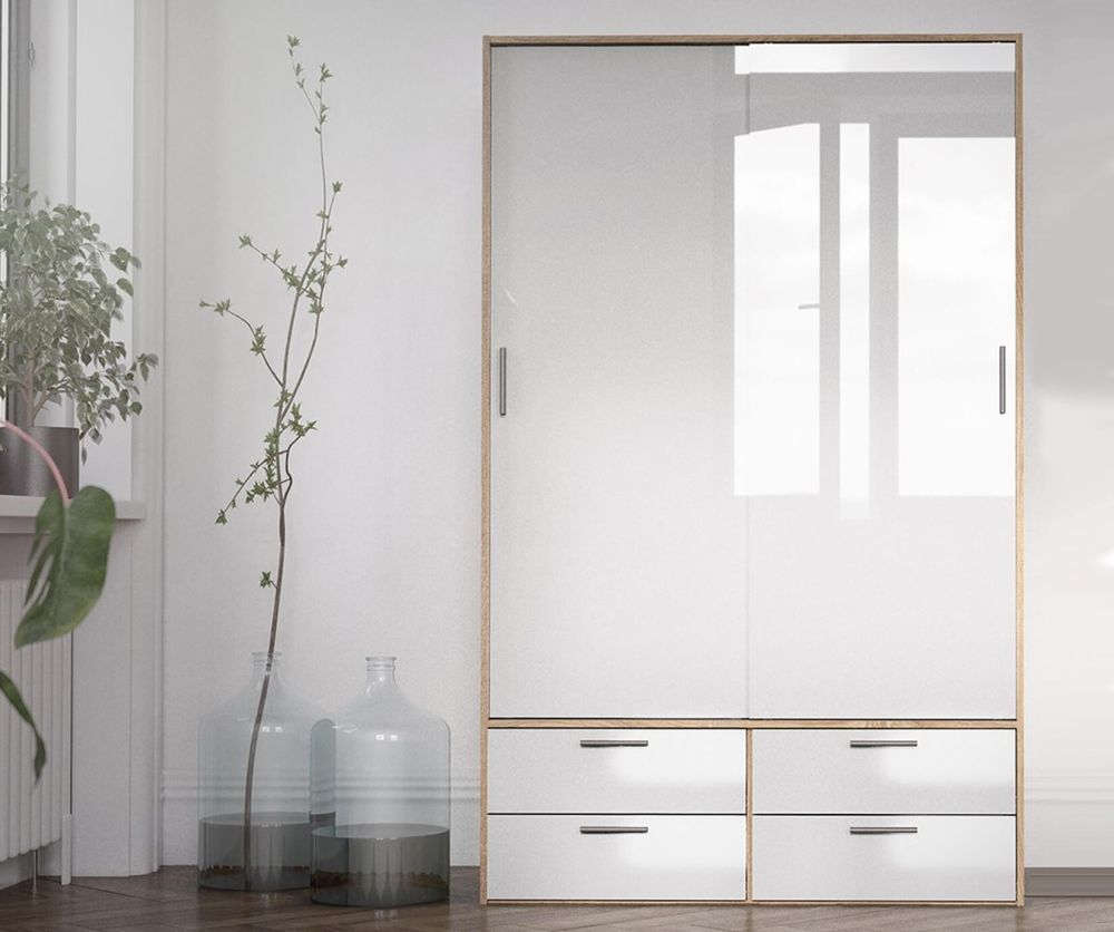 FTG Line Oak and White High Gloss 2 Doors 4 Drawers Wardrobe