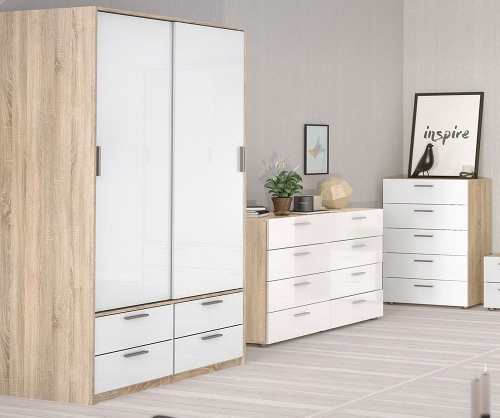 FTG Line Oak and White High Gloss 2 Doors 4 Drawers Wardrobe
