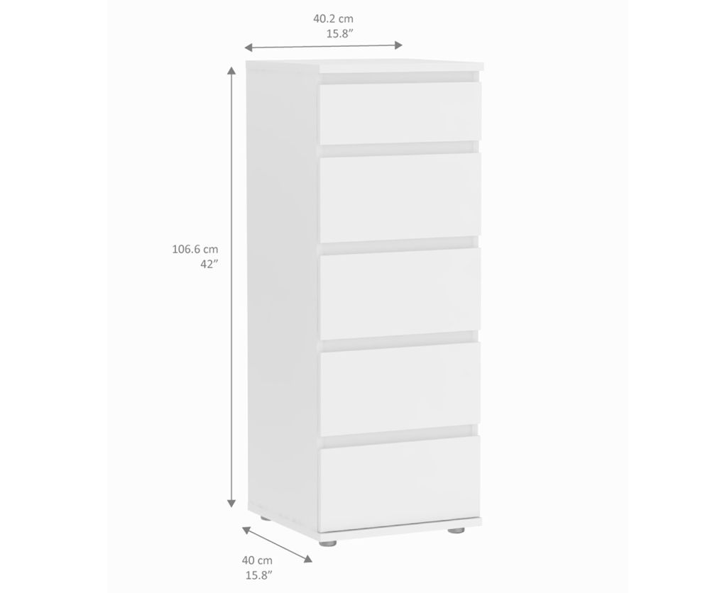 FTG Nova White 5 Drawer Narrow Chest