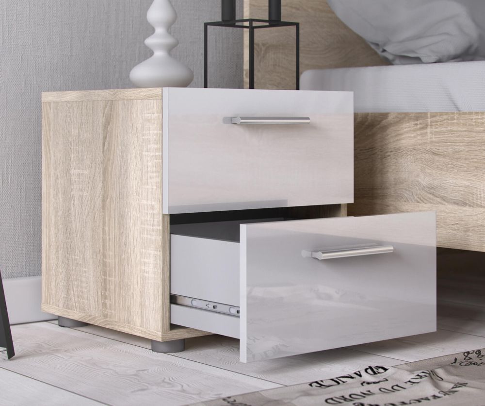 FTG Pepe Oak and White High Gloss 2 Drawer Bedside Table