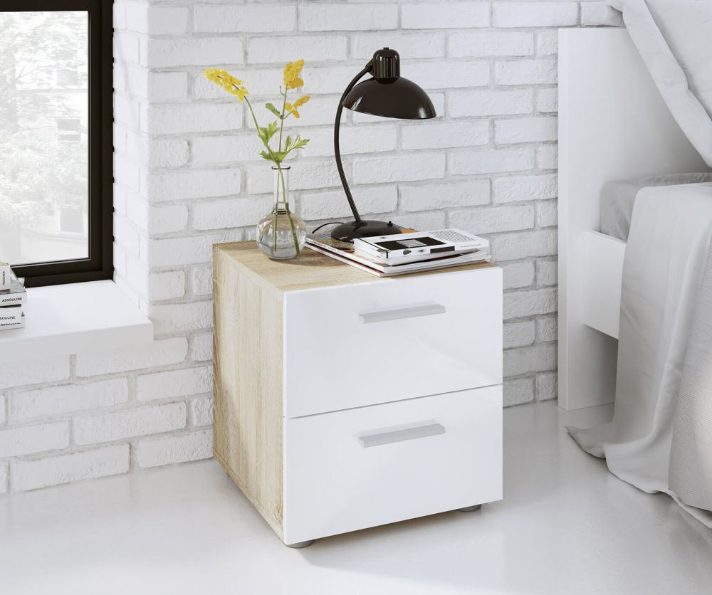 FTG Pepe Oak and White High Gloss 2 Drawer Bedside Table