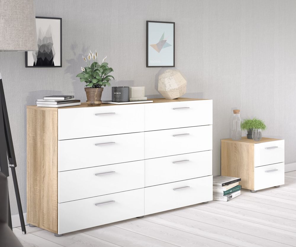 FTG Pepe Oak and White High Gloss 8 Drawer (4+4) Wide Chest