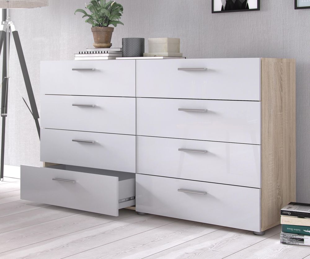 FTG Pepe Oak and White High Gloss 8 Drawer (4+4) Wide Chest