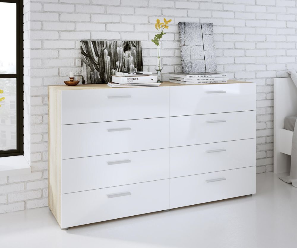 FTG Pepe Oak and White High Gloss 8 Drawer (4+4) Wide Chest