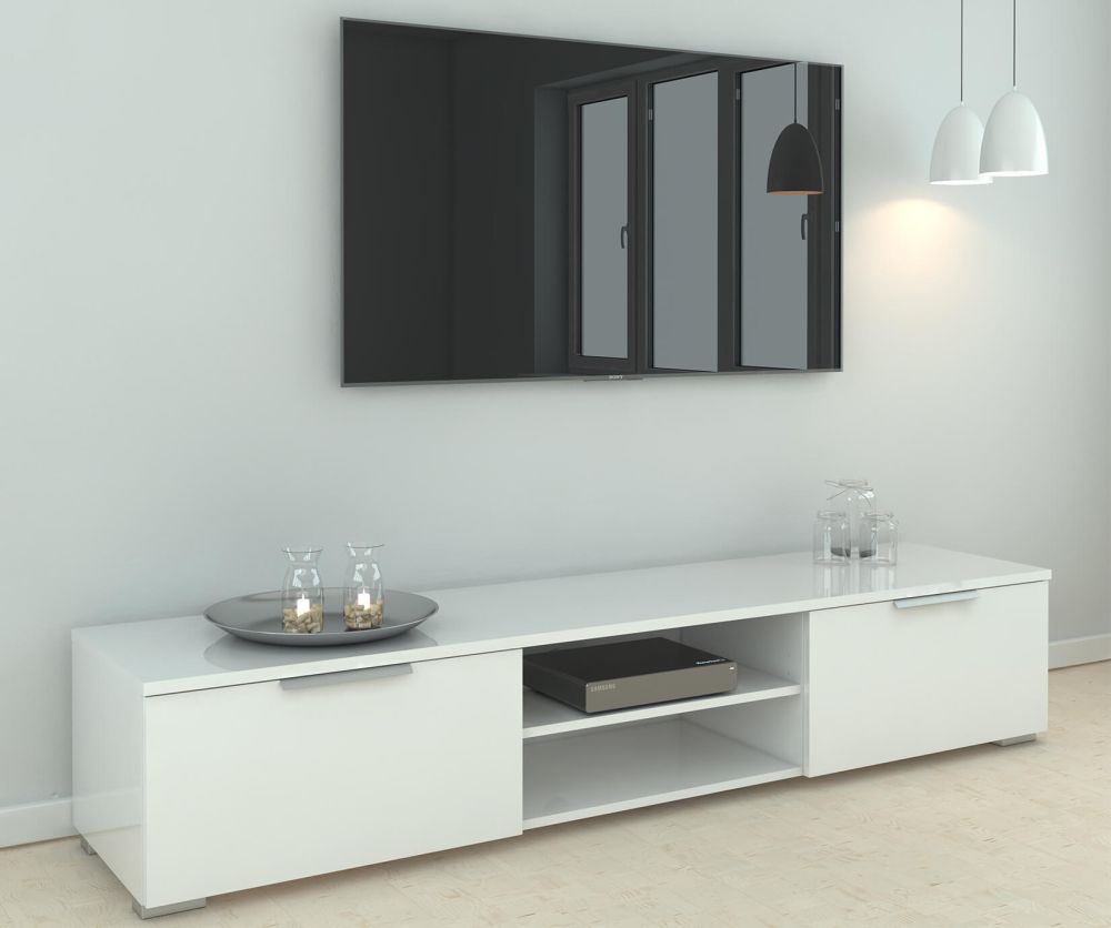 FTG Match White High Gloss 2 Drawers TV Unit with 2 Shelf