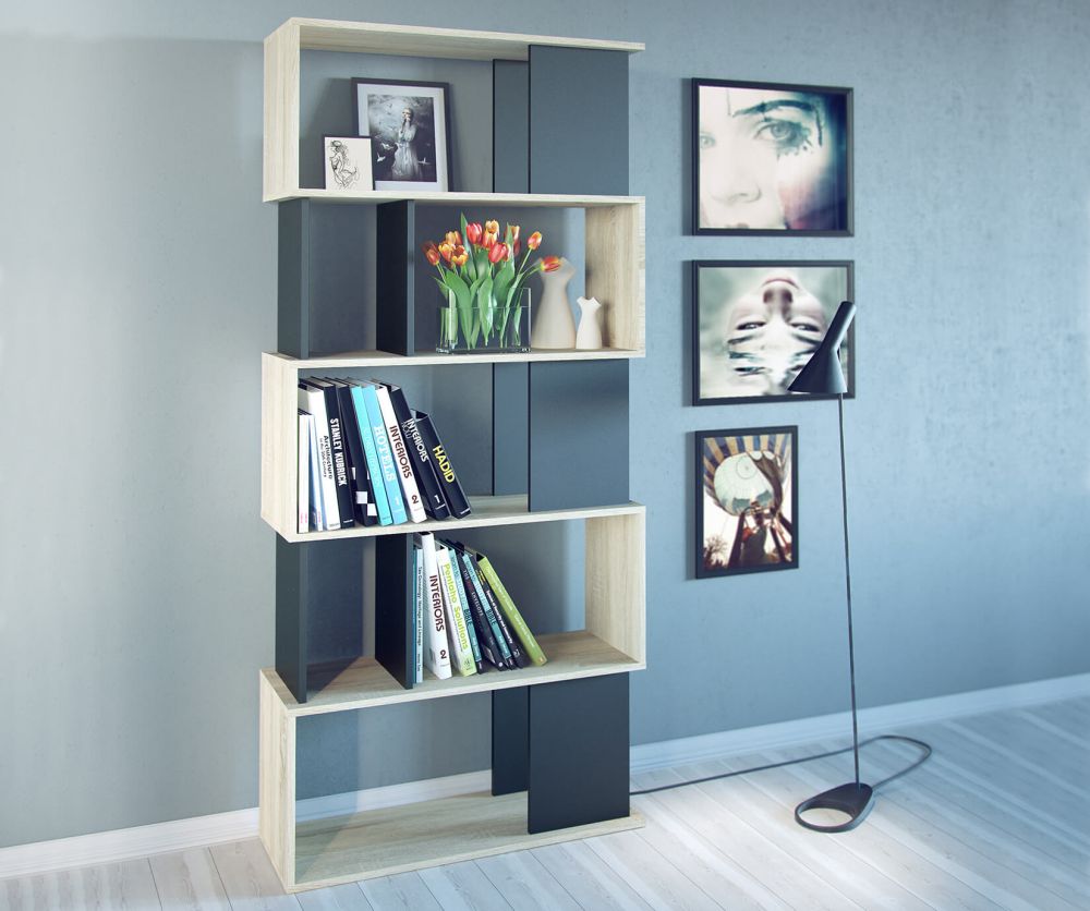FTG Maze Oak and Black Open Bookcase with 4 Shelves