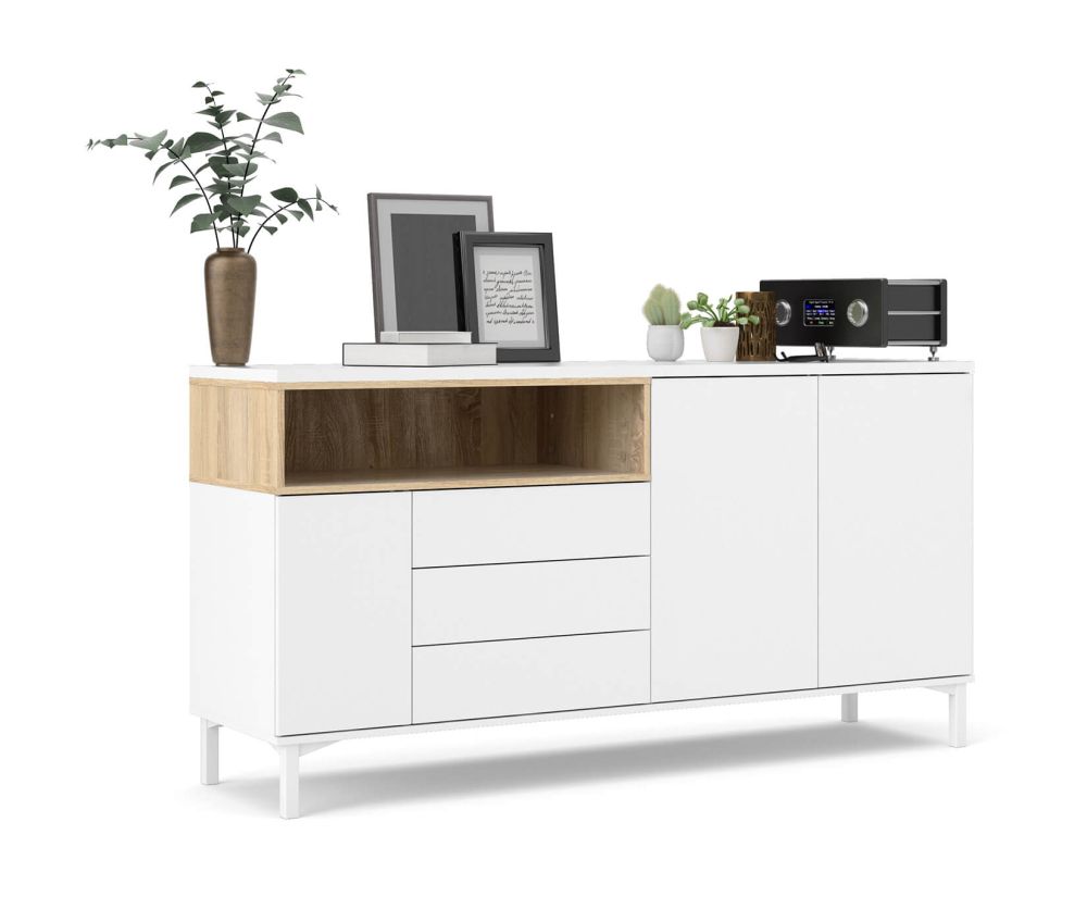 FTG Roomers White and Oak 3 Drawer 3 Door Sideboard