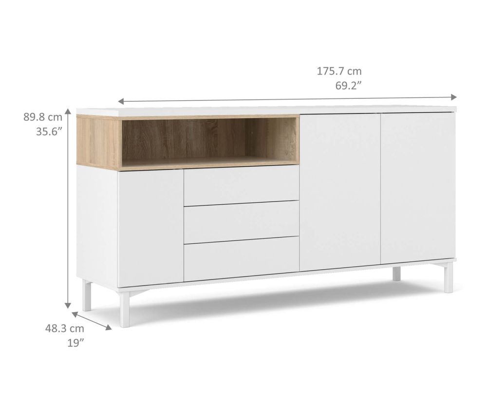 FTG Roomers White and Oak 3 Drawer 3 Door Sideboard