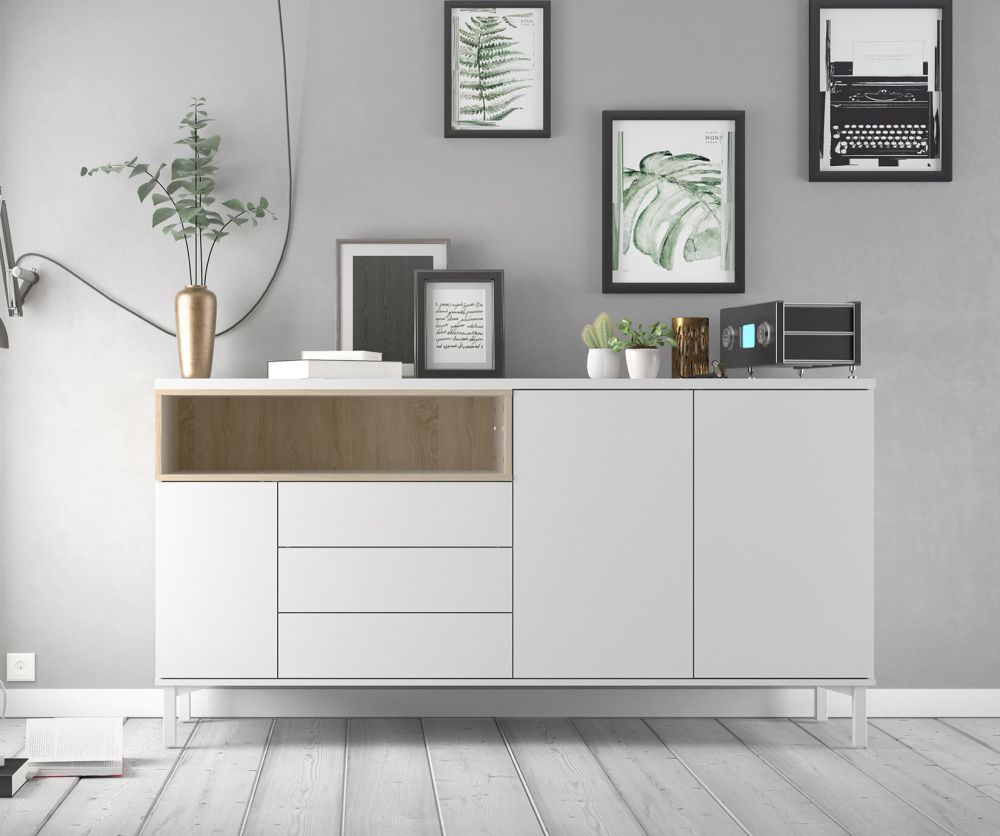 FTG Roomers White and Oak 3 Drawer 3 Door Sideboard