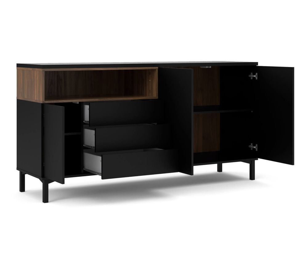 FTG Roomers Black and Walnut 3 Drawer 3 Door Sideboard