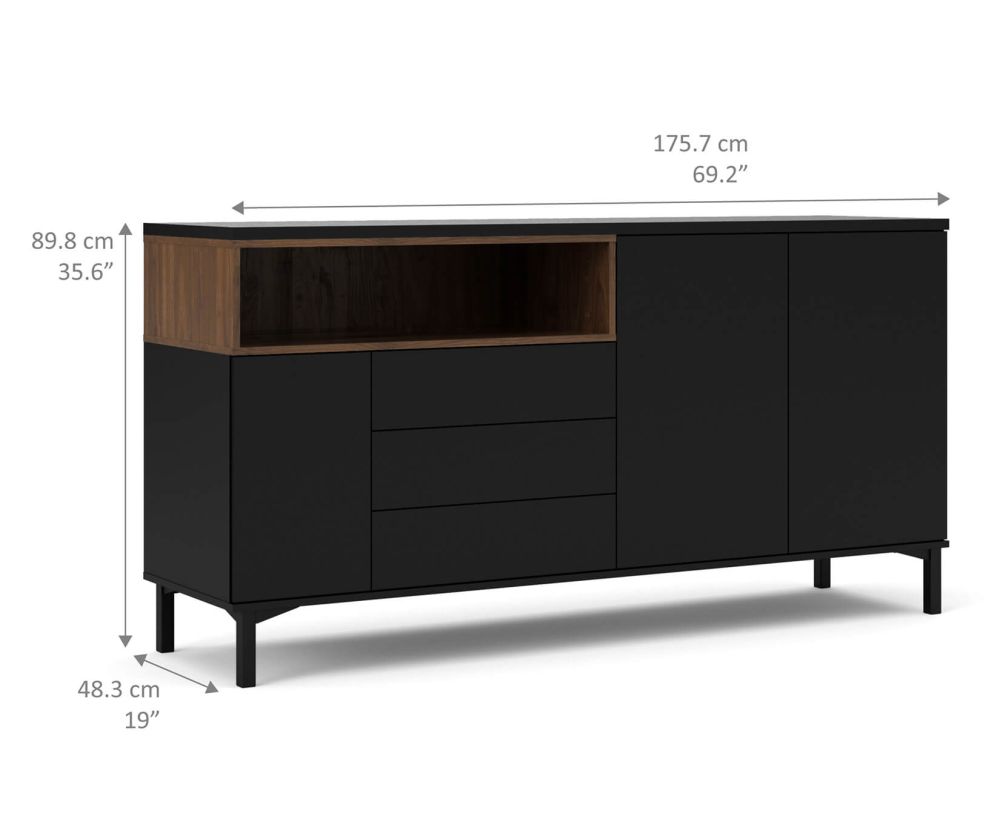 FTG Roomers Black and Walnut 3 Drawer 3 Door Sideboard