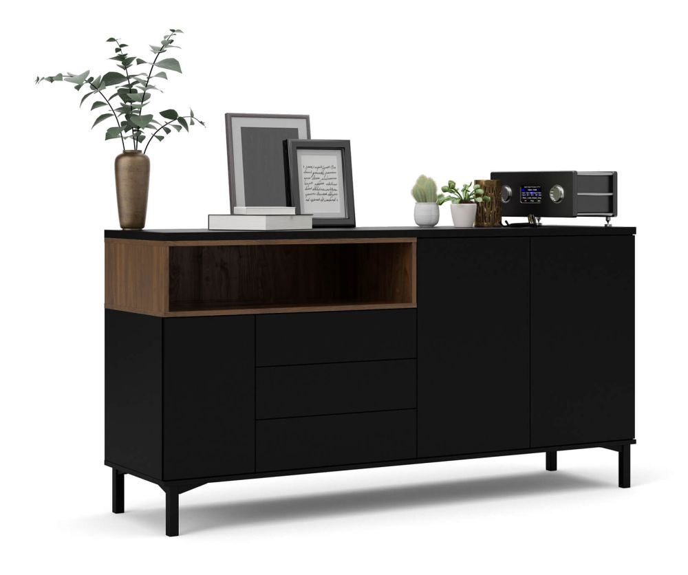 FTG Roomers Black and Walnut 3 Drawer 3 Door Sideboard