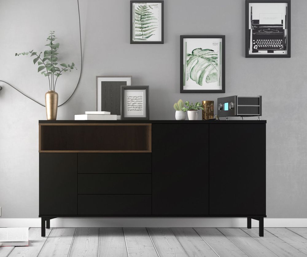 FTG Roomers Black and Walnut 3 Drawer 3 Door Sideboard
