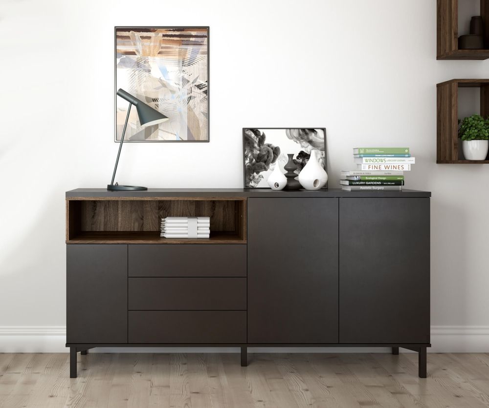 FTG Roomers Black and Walnut 3 Drawer 3 Door Sideboard