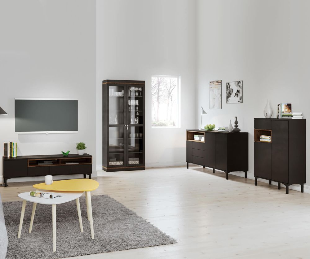FTG Roomers Black and Walnut 3 Drawer 3 Door Sideboard