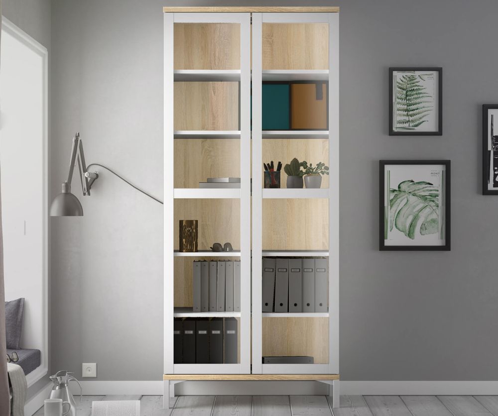 FTG Roomers White and Oak 2 Door Glazed Display Cabinet