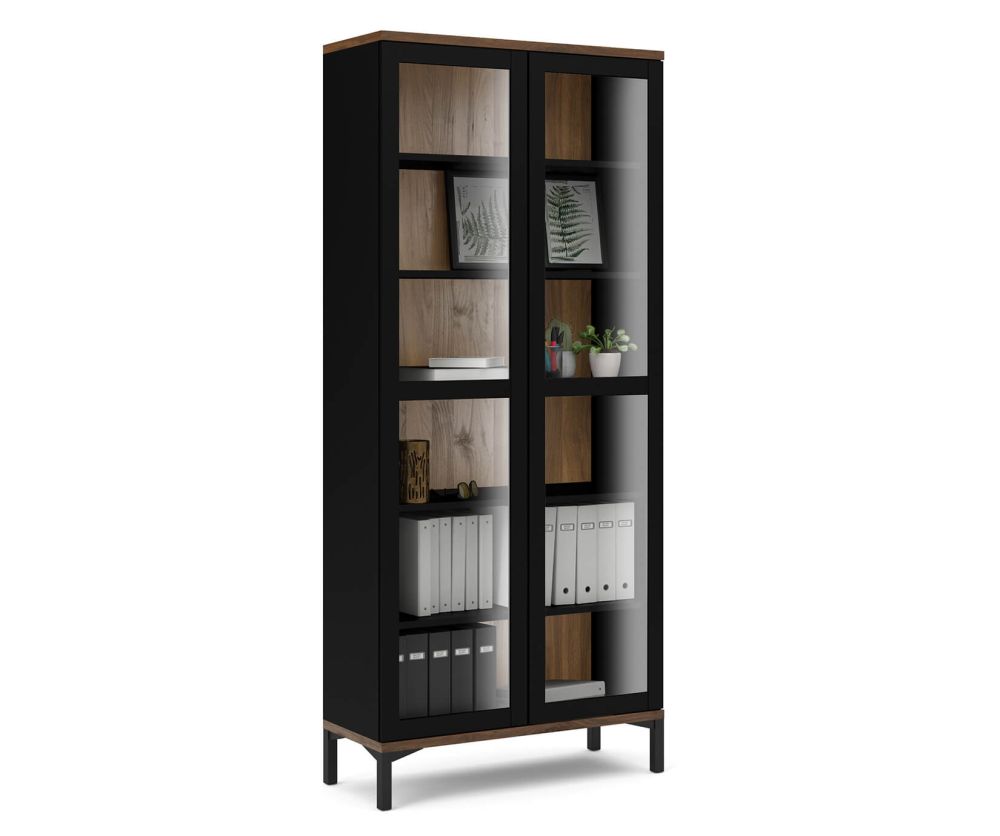 FTG Roomers Black and Walnut 2 Door Glazed Display Cabinet