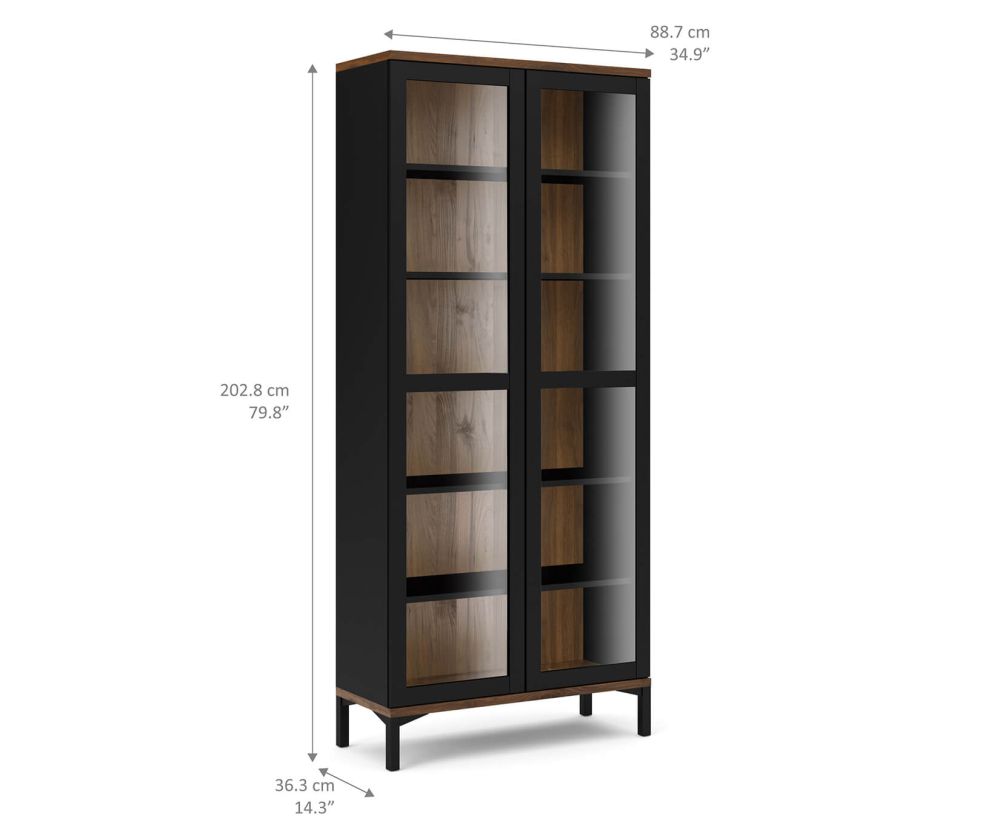 FTG Roomers Black and Walnut 2 Door Glazed Display Cabinet