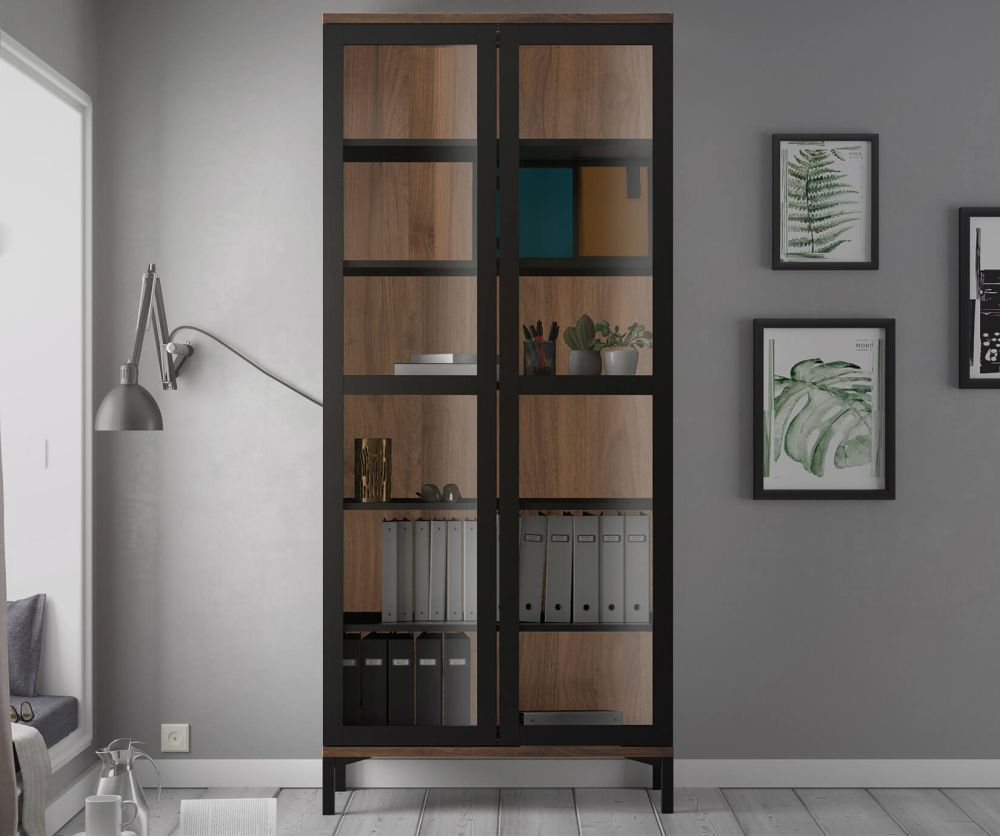 FTG Roomers Black and Walnut 2 Door Glazed Display Cabinet