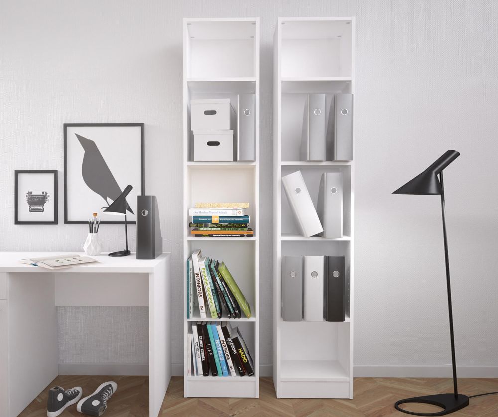 FTG Basic White Tall Narrow Bookcase with 4 Shelves