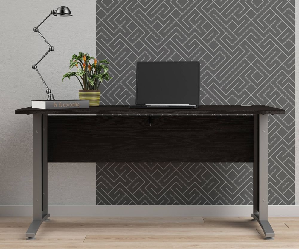 FTG Prima Black Woodgrain 150cm Desk with Silver Grey Steel Legs