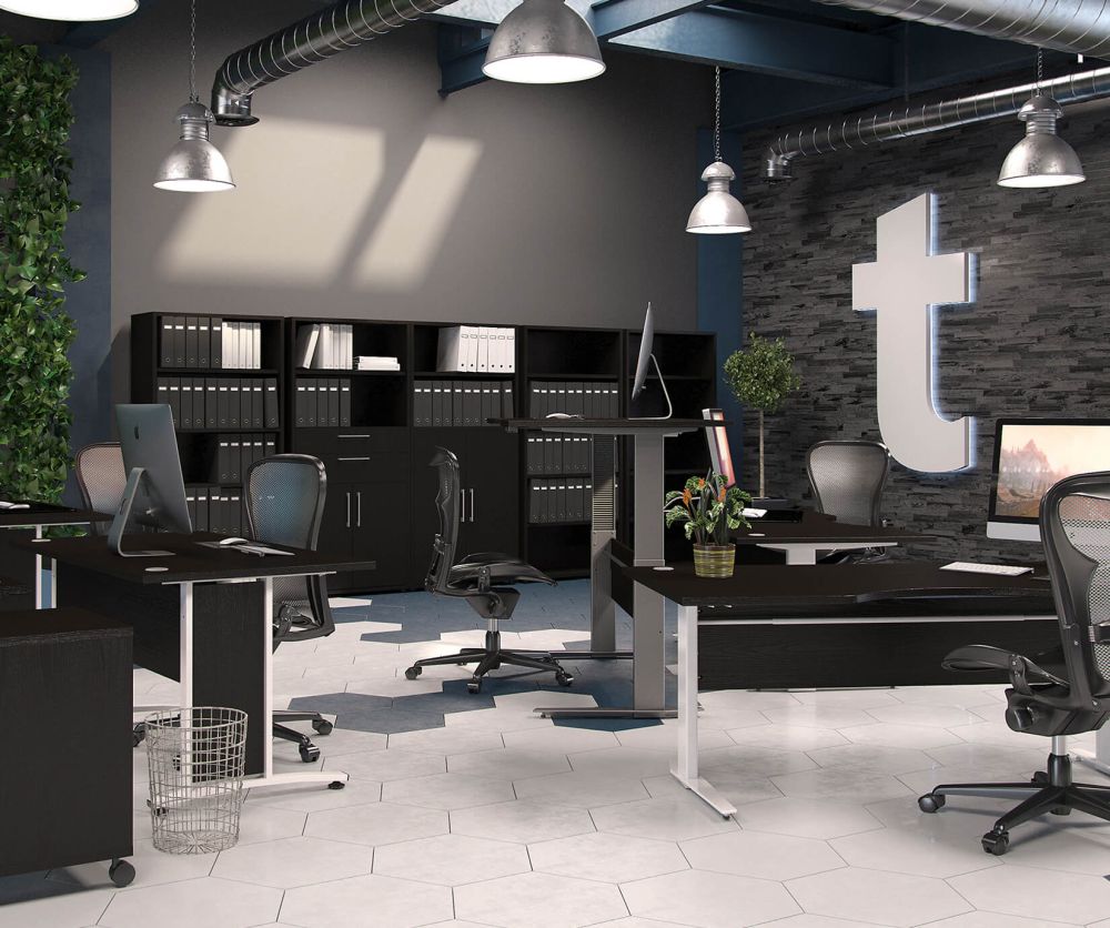 FTG Prima Black Woodgrain 150cm Desk with Silver Grey Steel Height Adjustable Legs with Electric Control
