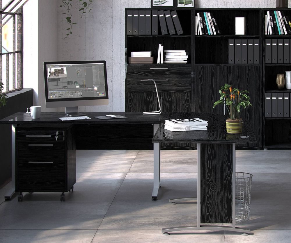 FTG Prima Black Woodgrain 150cm Desk with White Legs