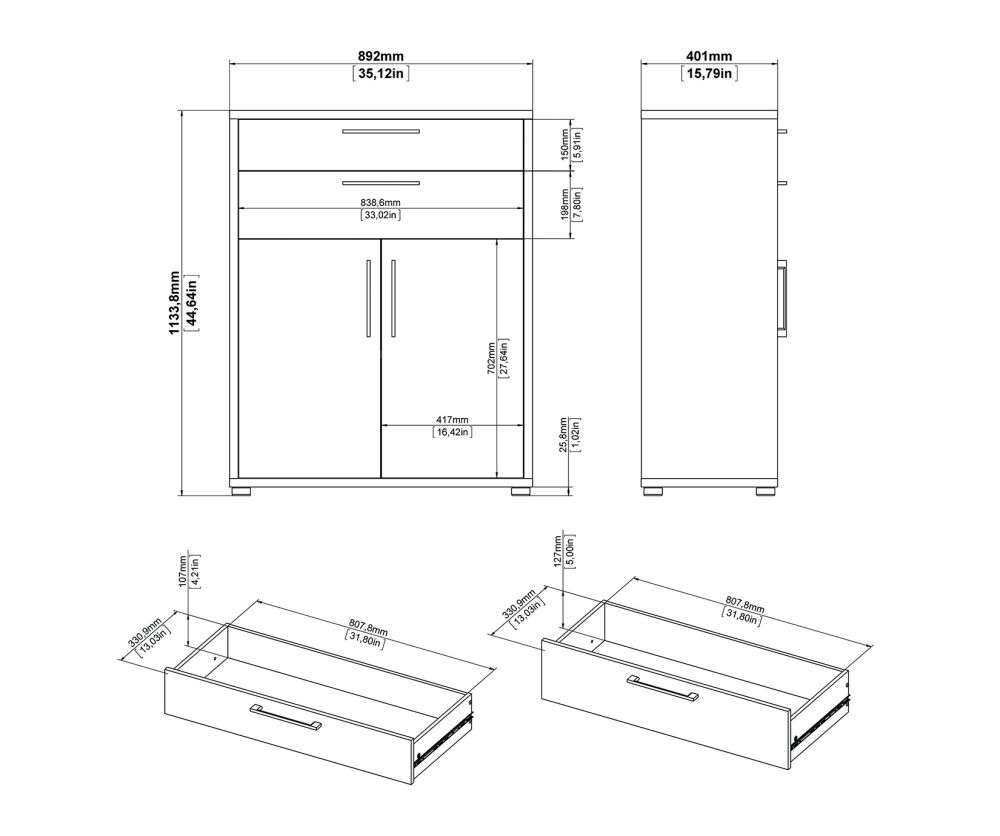 FTG Prima White 2 Drawer 2 Door Bookcase with 2 Shelves