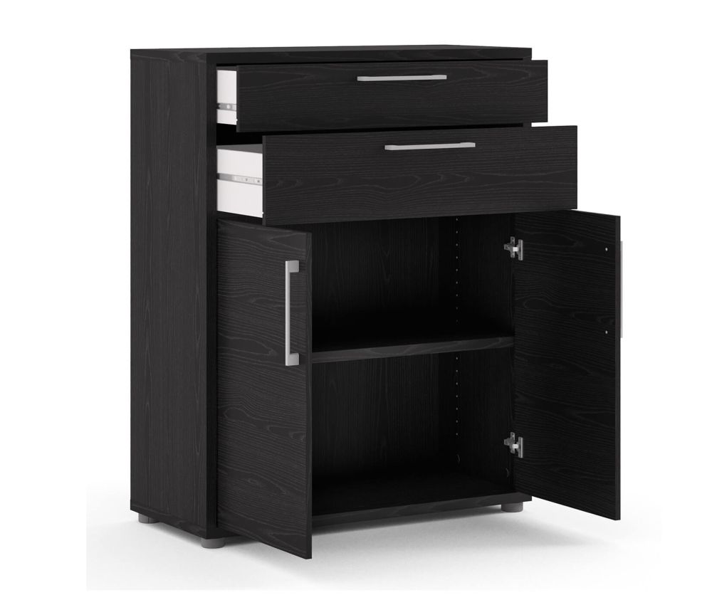 FTG Prima Black Woodgrain 2 Drawer 2 Door Bookcase with 2 Shelves