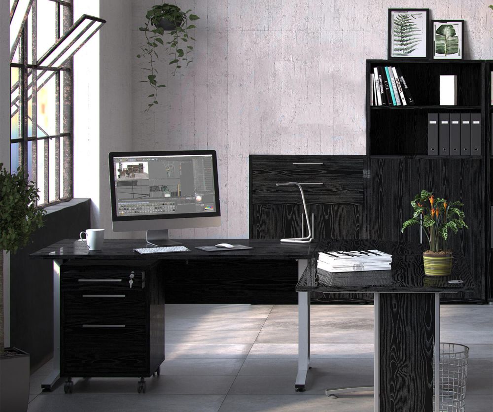 FTG Prima Black Woodgrain 2 Drawer 2 Door Bookcase with 2 Shelves