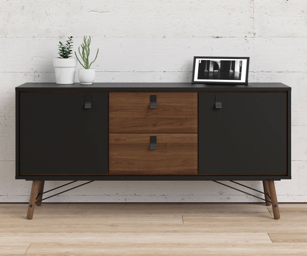 FTG Ry Matt Black and Walnut 2 Door 2 Drawer Sideboard