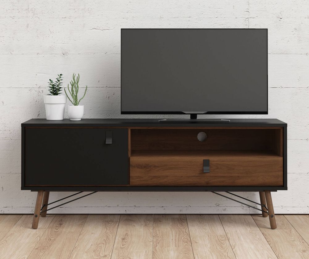 FTG Ry Matt Black and Walnut 1 Door 1 Drawer TV Unit