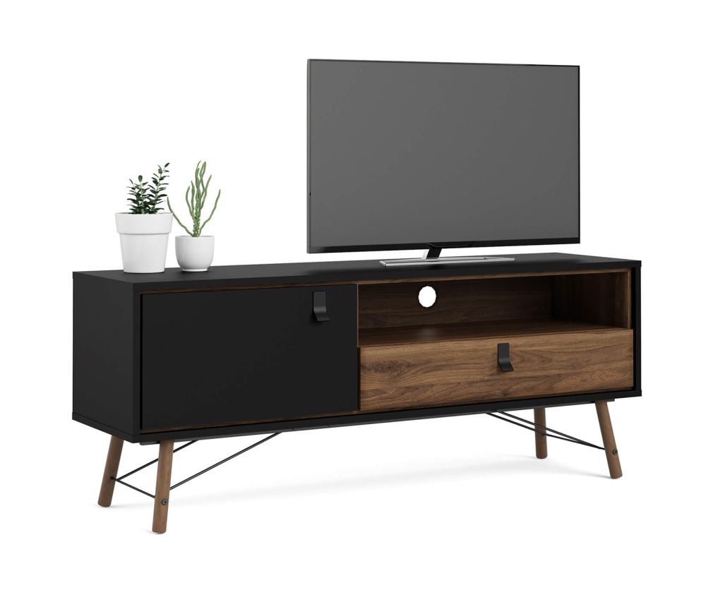 FTG Ry Matt Black and Walnut 1 Door 1 Drawer TV Unit