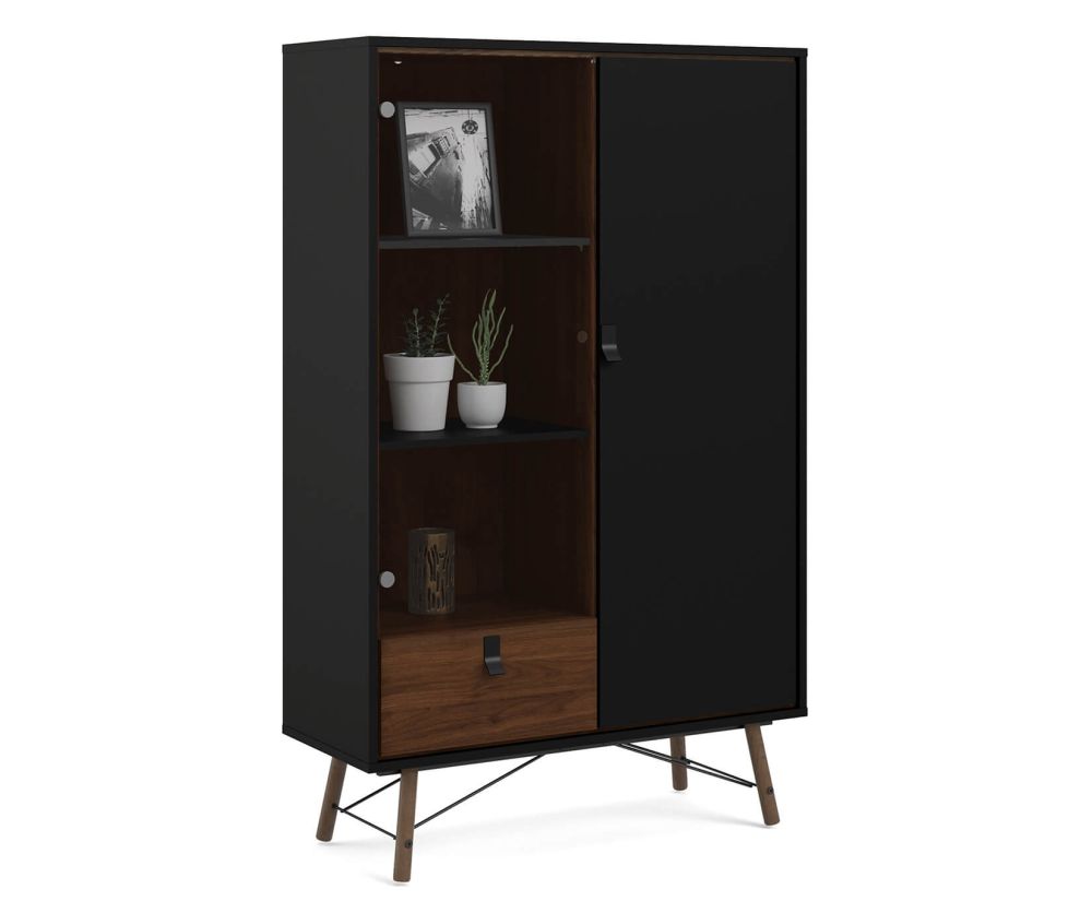 FTG Ry Matt Black and Walnut 1 Drawer 1 Door and 1 Glass Door China Cabinet