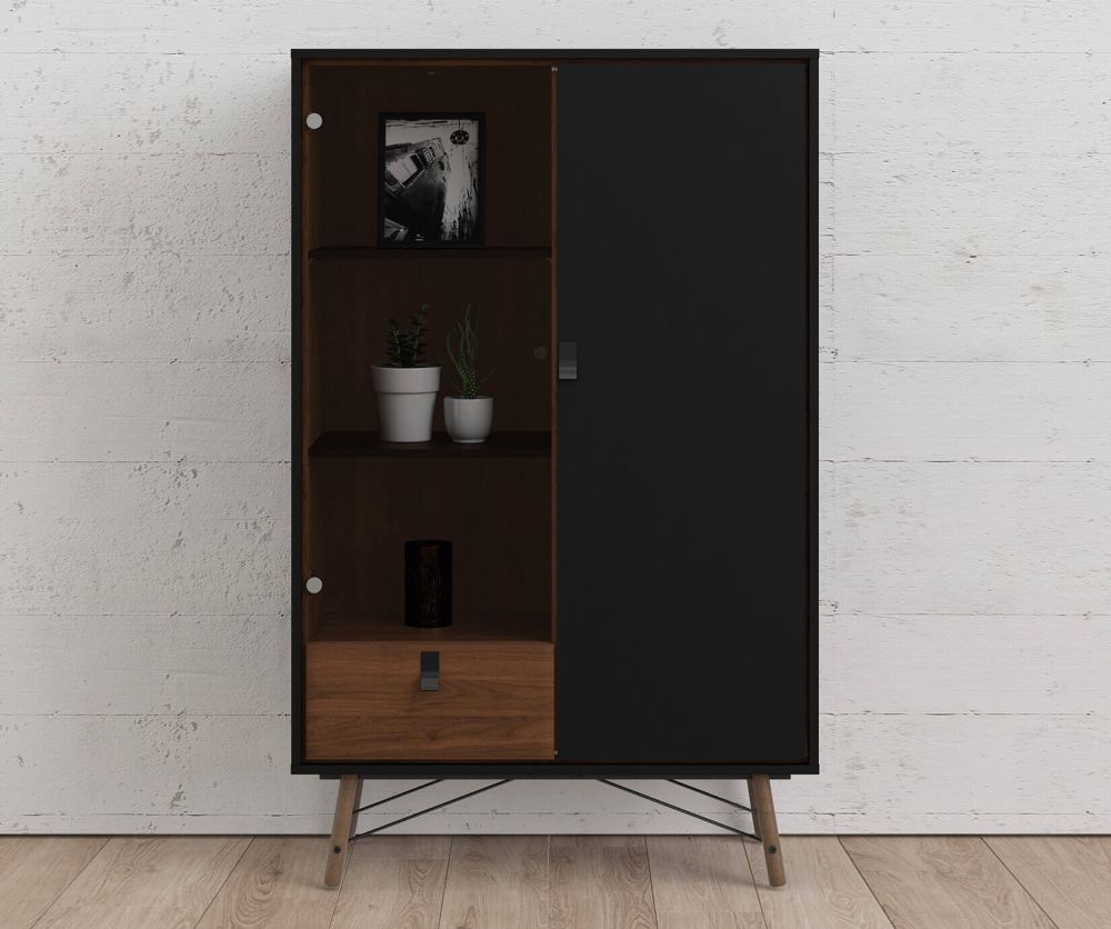 FTG Ry Matt Black and Walnut 1 Drawer 1 Door and 1 Glass Door China Cabinet