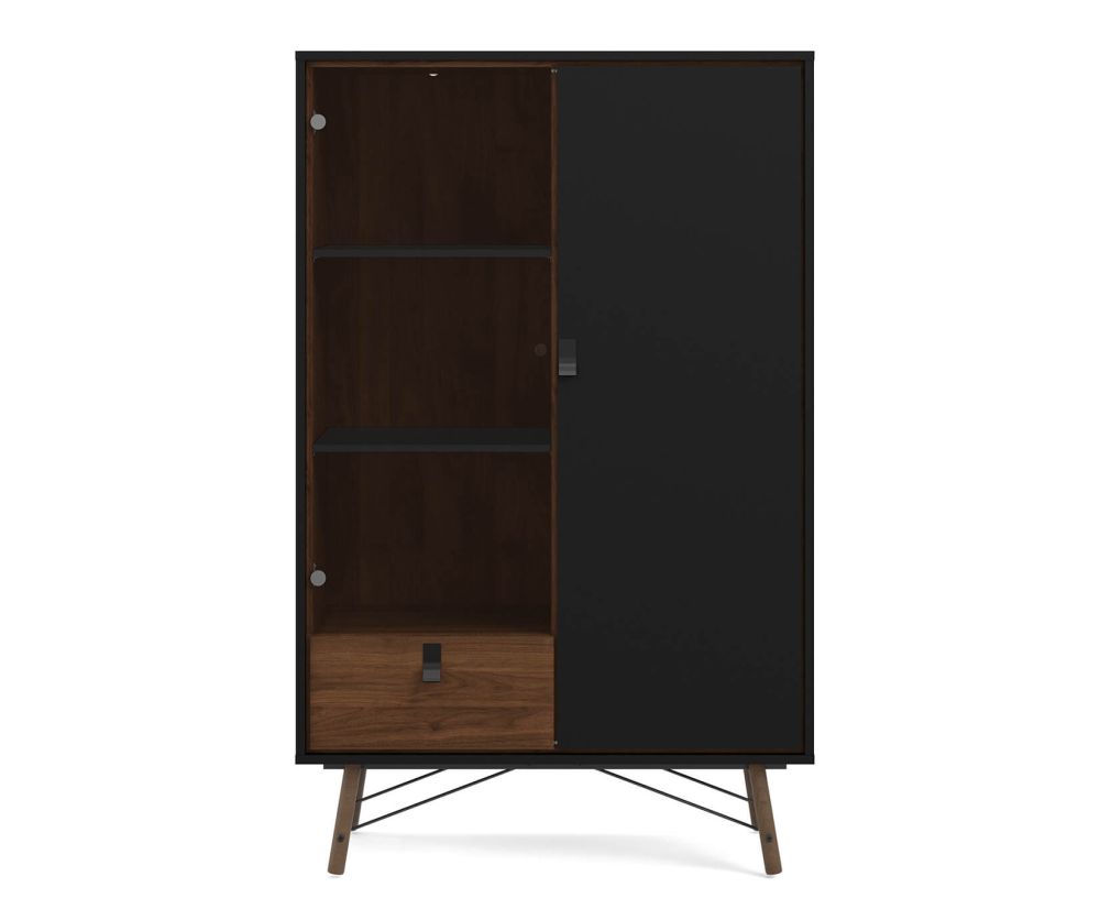 FTG Ry Matt Black and Walnut 1 Drawer 1 Door and 1 Glass Door China Cabinet