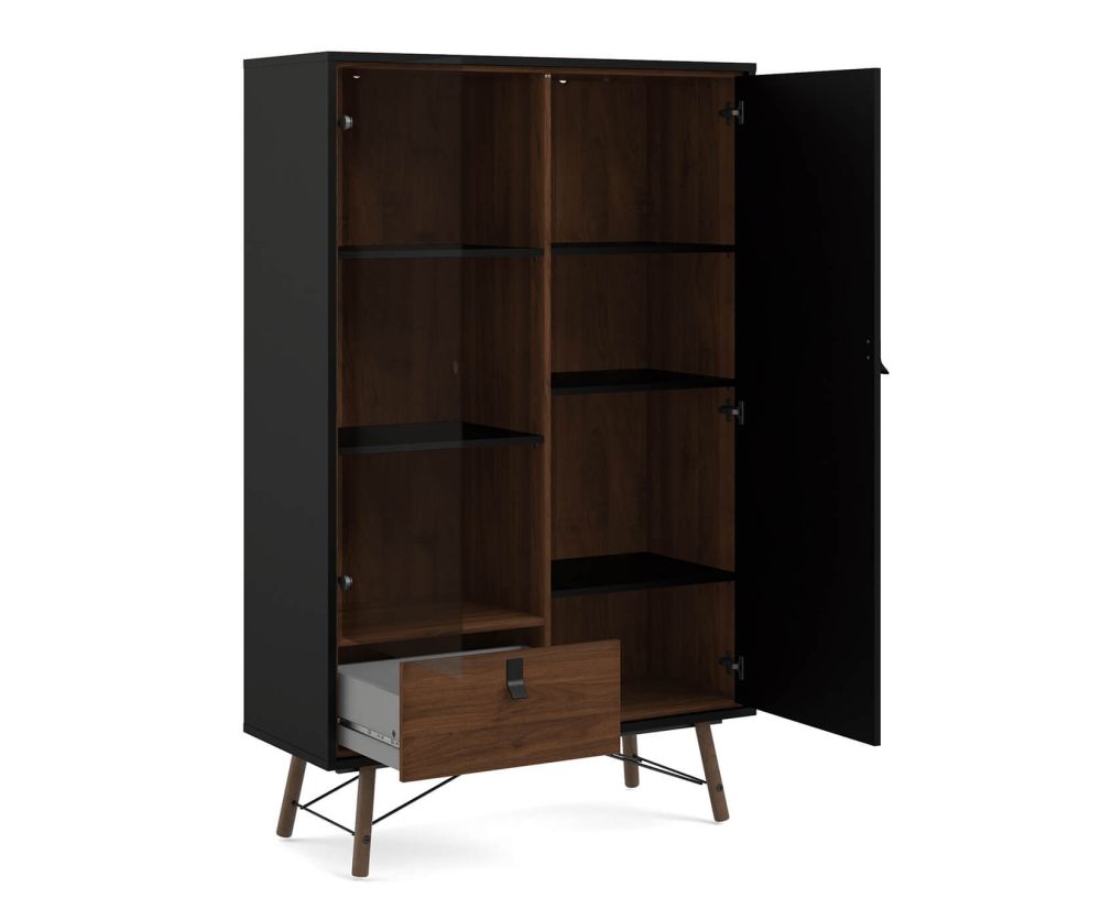 FTG Ry Matt Black and Walnut 1 Drawer 1 Door and 1 Glass Door China Cabinet