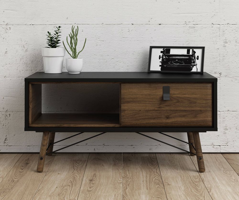 FTG Ry Matt Black and Walnut 1 Drawer Coffee Table