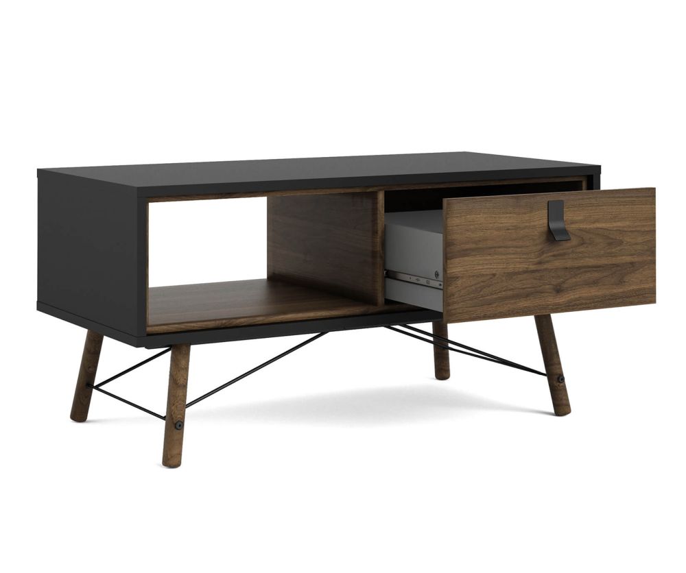 FTG Ry Matt Black and Walnut 1 Drawer Coffee Table