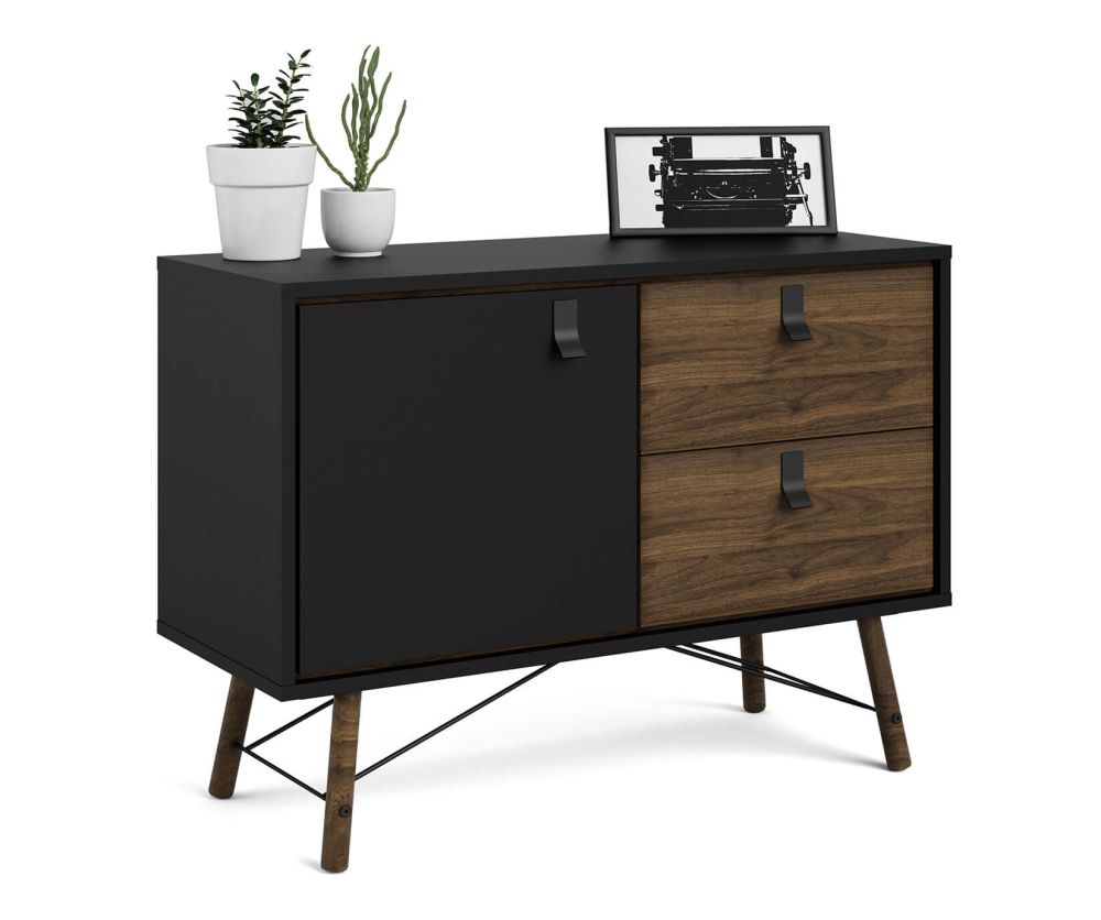 FTG Ry Matt Black and Walnut 1 Door 2 Drawer Sideboard