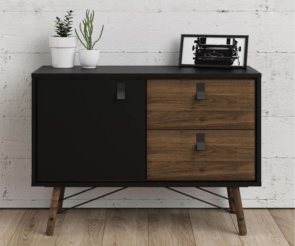 FTG Ry Matt Black and Walnut 1 Door 2 Drawer Sideboard