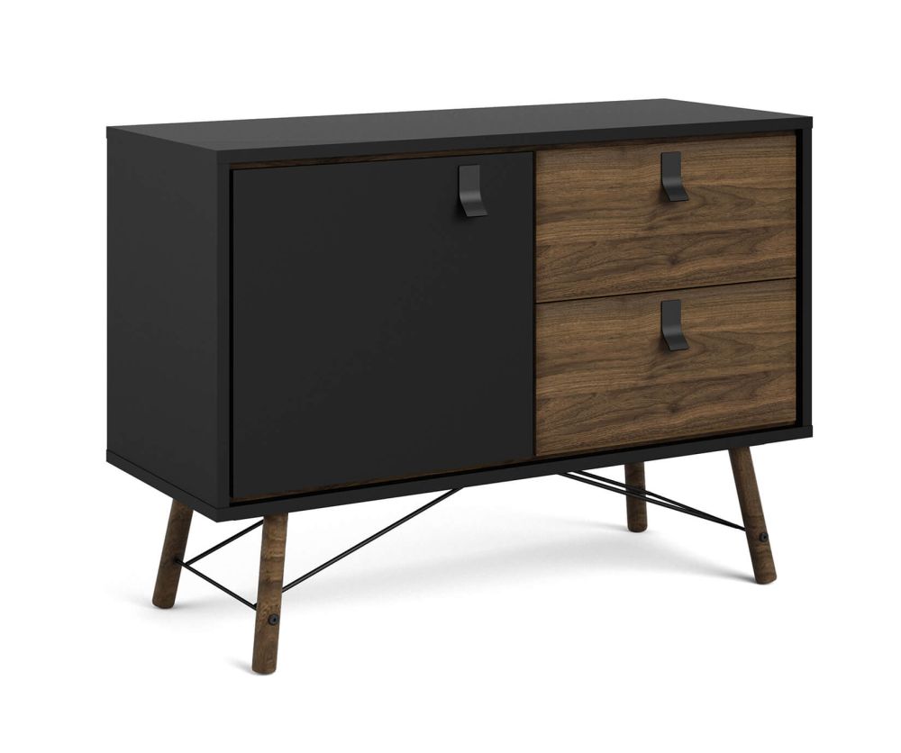 FTG Ry Matt Black and Walnut 1 Door 2 Drawer Sideboard