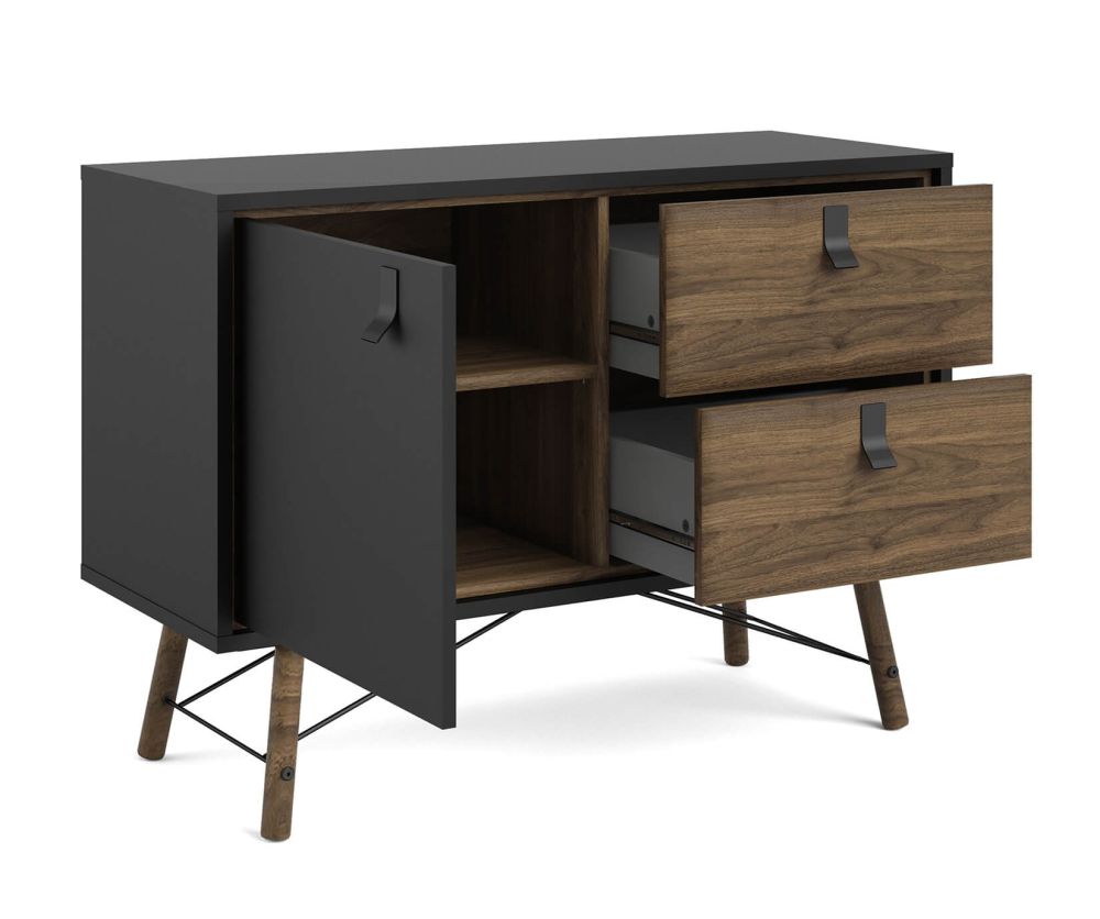 FTG Ry Matt Black and Walnut 1 Door 2 Drawer Sideboard