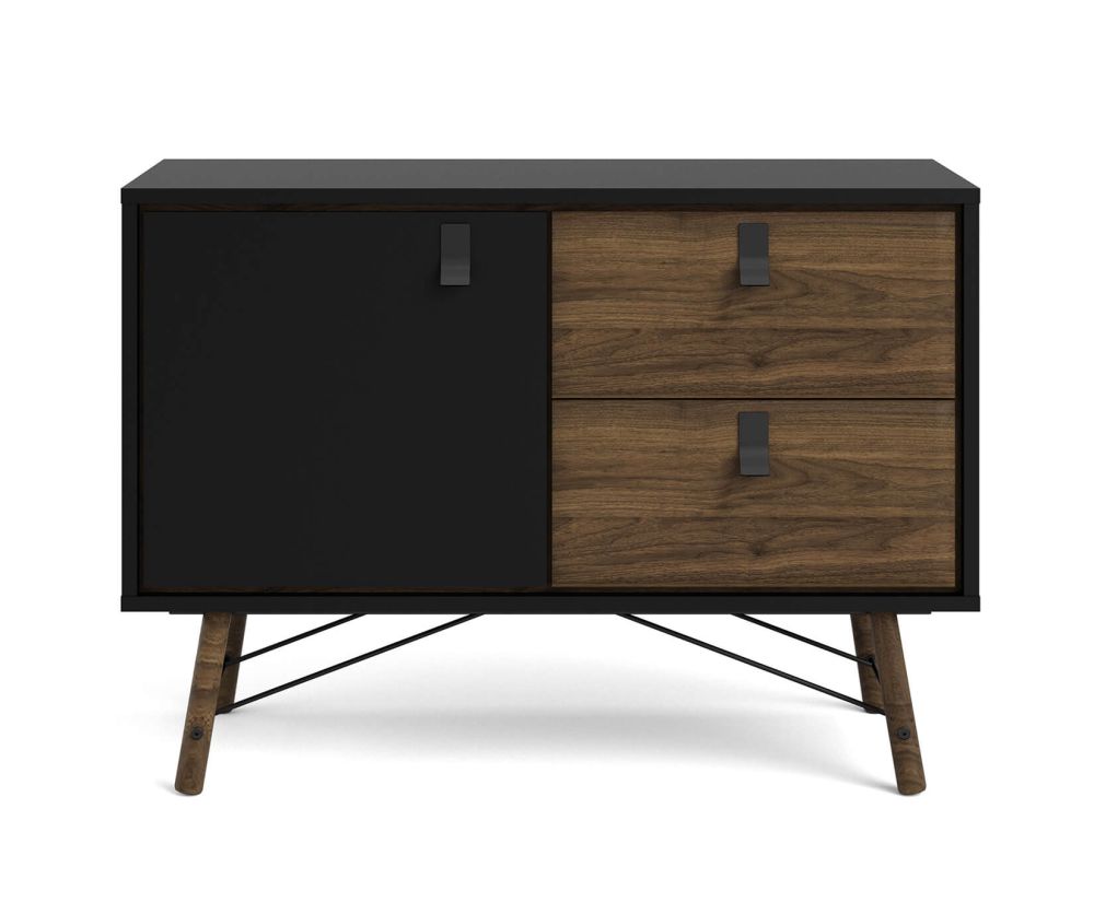 FTG Ry Matt Black and Walnut 1 Door 2 Drawer Sideboard